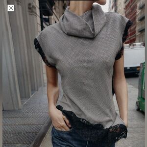Zara Gray Tweed Look Lace-Trim Cowl Neck Blouse